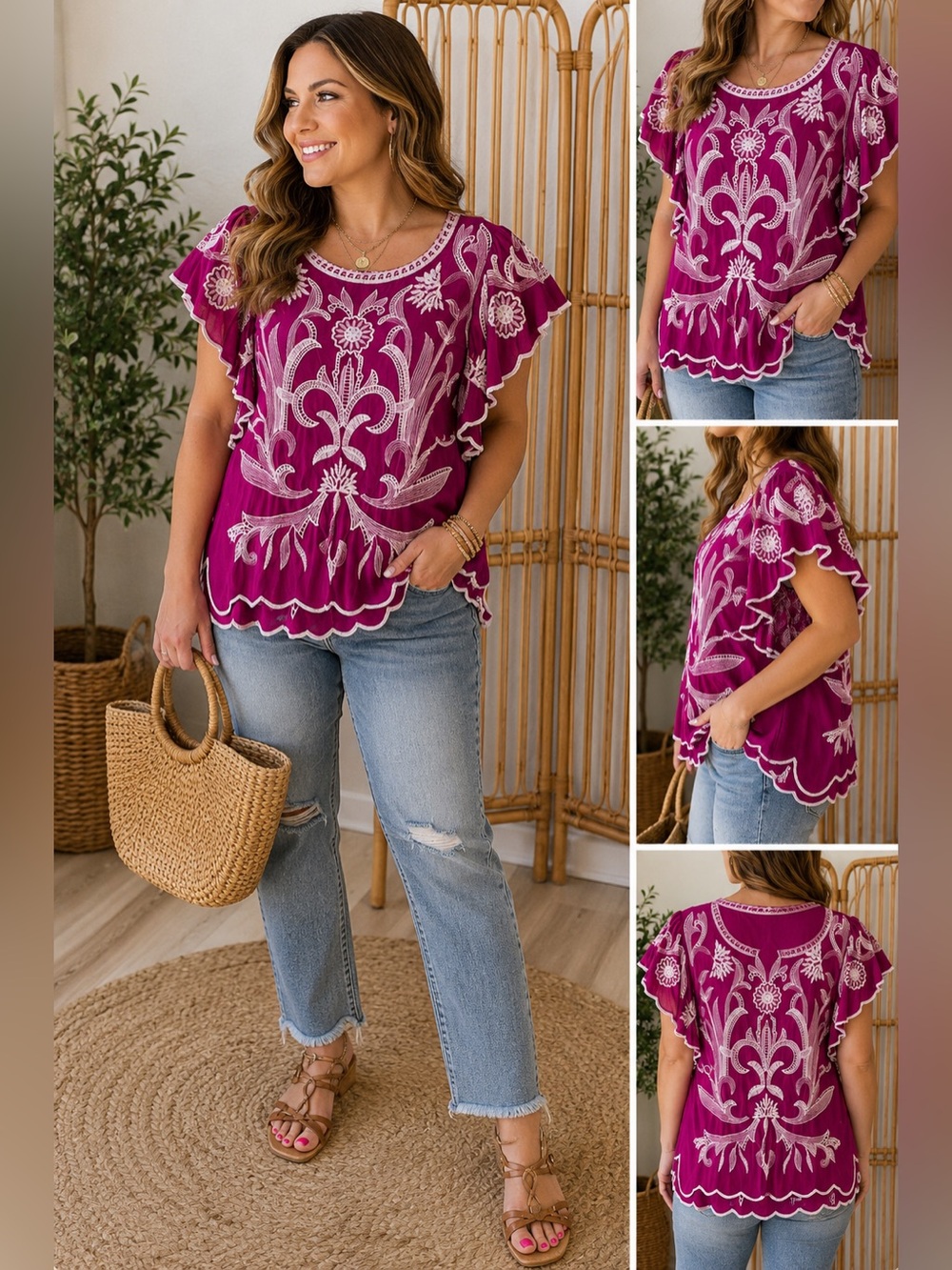 Solitaire Fuchsia Embroidered Boho Blouse Size Small | White Floral Embroidery